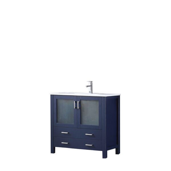 Volez 36W x 18.25D Navy Blue Bath Vanity, White Ceramic Top, and Faucet Set