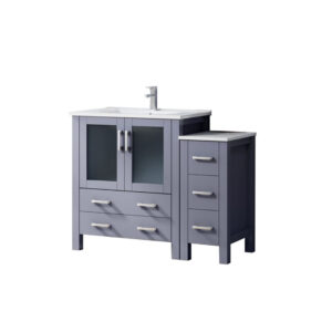 Volez 42W x 18.25D Dark Grey Single Bath Vanity with Side Cabinet, White Ceramic Top, and Faucet Set