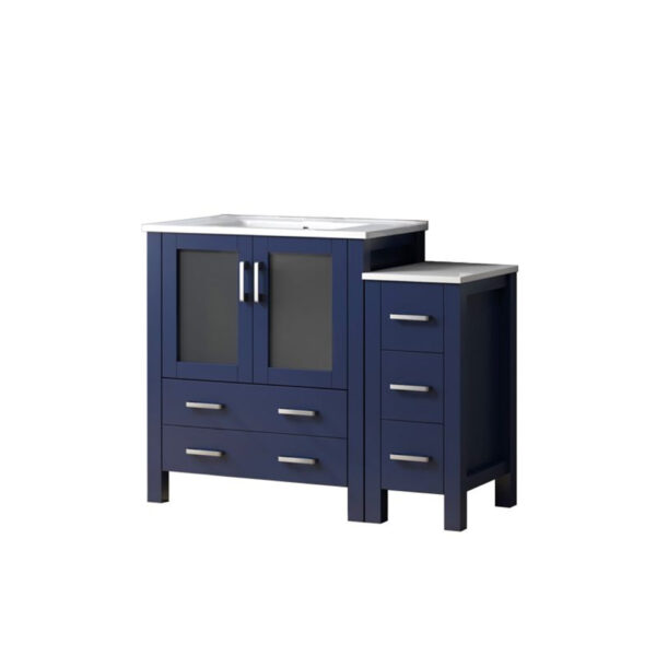 Volez 42W x 18.25D Navy Blue Single Bath Vanity with Side Cabinet, and White Ceramic Top