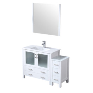 Volez 48W x 18.25D White Single Bath Vanity with Side Cabinet, White Ceramic Top, and 34Mirror