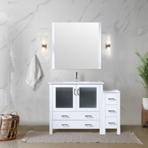 Volez 48W x 18.25D White Single Bath Vanity with Side Cabinet, White Ceramic Top, and 34Mirror