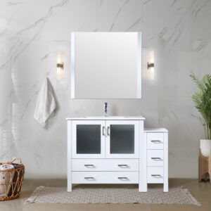 Volez 48W x 18.25D White Single Bath Vanity with Side Cabinet, White Ceramic Top, and 34Mirror