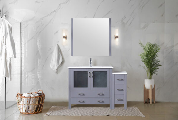 Volez 48W x 18.25D Dark Grey Single Bath Vanity with Side Cabinet, White Ceramic Top, and 34Mirror