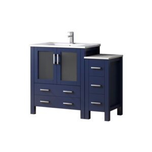 Volez 48W x 18.25D Navy Blue Single Bath Vanity with Side Cabinet, White Ceramic Top, and Faucet Set