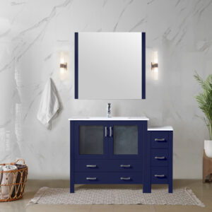 Volez 48W x 18.25D Navy Blue Single Bath Vanity with Side Cabinet, White Ceramic Top, and 34Mirror