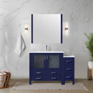 Volez 48W x 18.25D Navy Blue Single Bath Vanity with Side Cabinet, White Ceramic Top, and 34Mirror