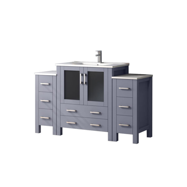 Volez 54W x 18.25D Dark Grey Single Bath Vanity with Side Cabinets, White Ceramic Top, and Faucet Set