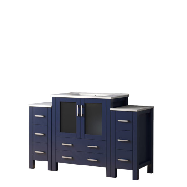 Volez 54W x 18.25D Navy Blue Single Bath Vanity with Side Cabinets, and White Ceramic Top