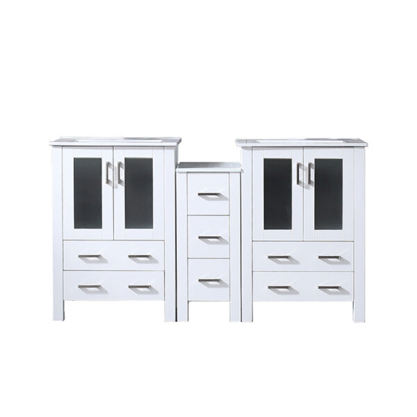 Volez 60W x 18.25D White Double Bath Vanity with Side Cabinet, and White Ceramic Top