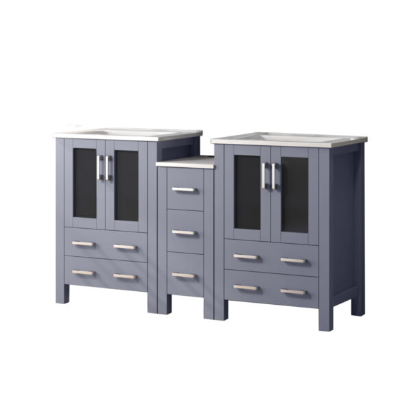 Volez 60W x 18.25D Dark Grey Double Bath Vanity with Side Cabinet, and White Ceramic Top