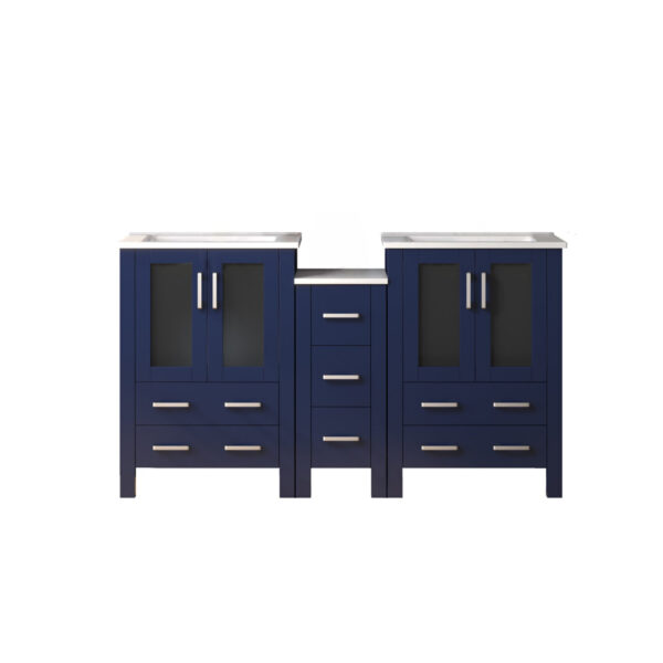 Volez 60W x 18.25D Navy Blue Double Bath Vanity with Side Cabinet, and White Ceramic Top