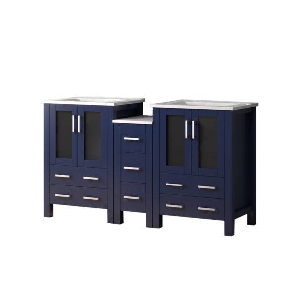 Volez 60W x 18.25D Navy Blue Double Bath Vanity with Side Cabinet, and White Ceramic Top