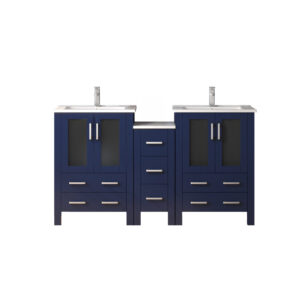 Volez 60W x 18.25D Navy Blue Double Bath Vanity with Side Cabinet, White Ceramic Top, and Faucet Set