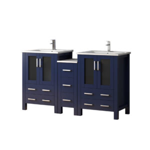 Volez 60W x 18.25D Navy Blue Double Bath Vanity with Side Cabinet, White Ceramic Top, and Faucet Set