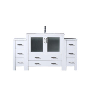 Volez 60W x 18.25D White Double Bath Vanity with Side Cabinets, White Ceramic Top, and Faucet Set