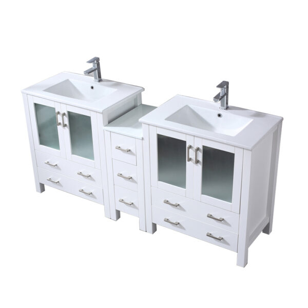 Volez 72W x 18.25D White Double Bath Vanity with Side Cabinet, White Ceramic Top, and Faucet Set