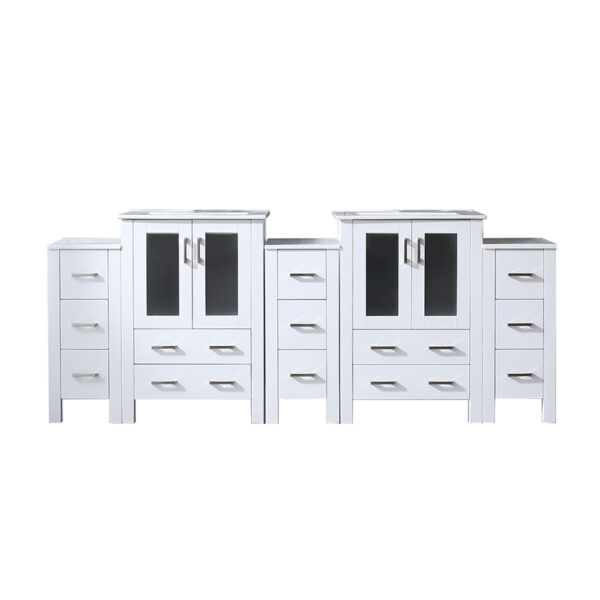 Volez 84W x 18.25D White Double Bath Vanity with Side Cabinets, and White Ceramic Top