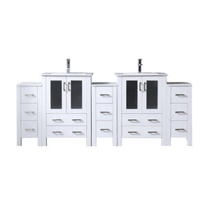 Volez 84W x 18.25D White Double Bath Vanity with Side Cabinets, White Ceramic Top, and Faucet Set