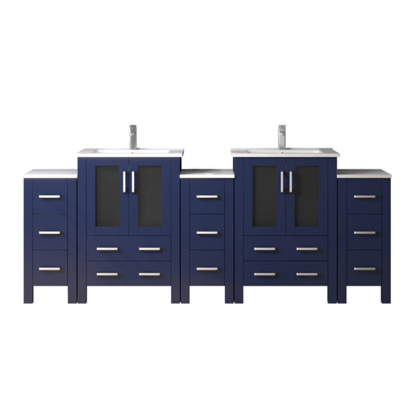 Volez 84W x 18.25D Navy Blue Double Bath Vanity with Side Cabinets, White Ceramic Top, and Faucet Set