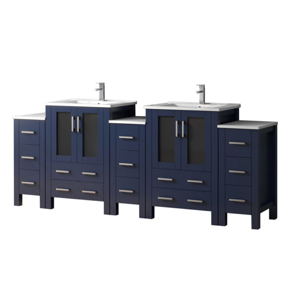 Volez 84W x 18.25D Navy Blue Double Bath Vanity with Side Cabinets, White Ceramic Top, and Faucet Set