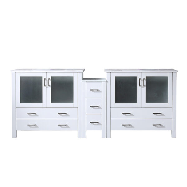 Volez 84W x 18.25D White Double Bath Vanity with Side Cabinet, and White Ceramic Top