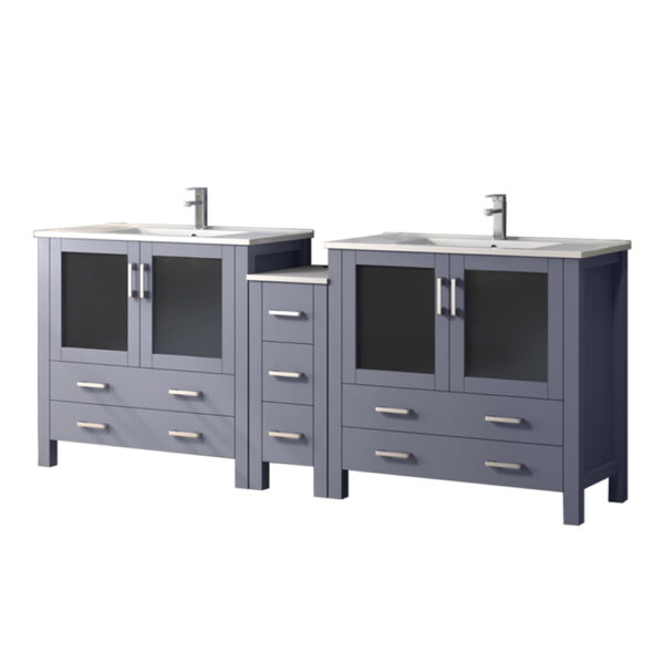 Volez 84W x 18.25D Dark Grey Double Bath Vanity with Side Cabinet, White Ceramic Top, and Faucet Set