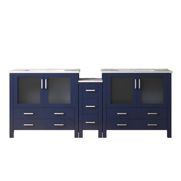 Volez 84W x 18.25D Navy Blue Double Bath Vanity with Side Cabinet, and White Ceramic Top