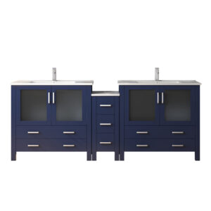 Volez 84W x 18.25D Navy Blue Double Bath Vanity with Side Cabinet, White Ceramic Top, and Faucet Set