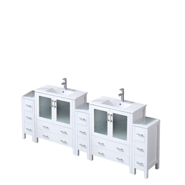 Volez 96W x 18.25D White Double Bath Vanity with Side Cabinet, White Ceramic Top, and Faucet Set