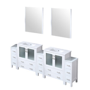 Volez 96W x 18.25D White Double Bath Vanity with Side Cabinets, White Ceramic Top, and 28Mirrors