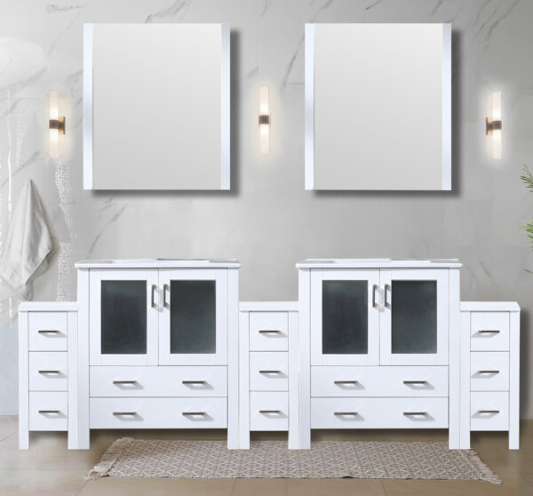 Volez 96W x 18.25D White Double Bath Vanity with Side Cabinet, White Ceramic Top, and Faucet Set