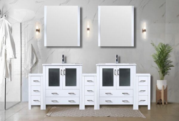 Volez 96W x 18.25D White Double Bath Vanity with Side Cabinets, White Ceramic Top, 28Mirrors, and Faucet Set