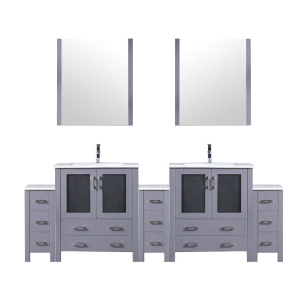 Volez 96W x 18.25D Dark Grey Double Bath Vanity with Side Cabinets, White Ceramic Top, 28Mirrors, and Faucet Set