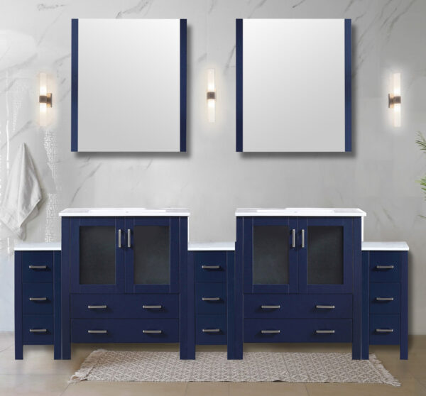 Volez 96W x 18.25D Navy Blue Double Bath Vanity with Side Cabinets, and White Ceramic Top