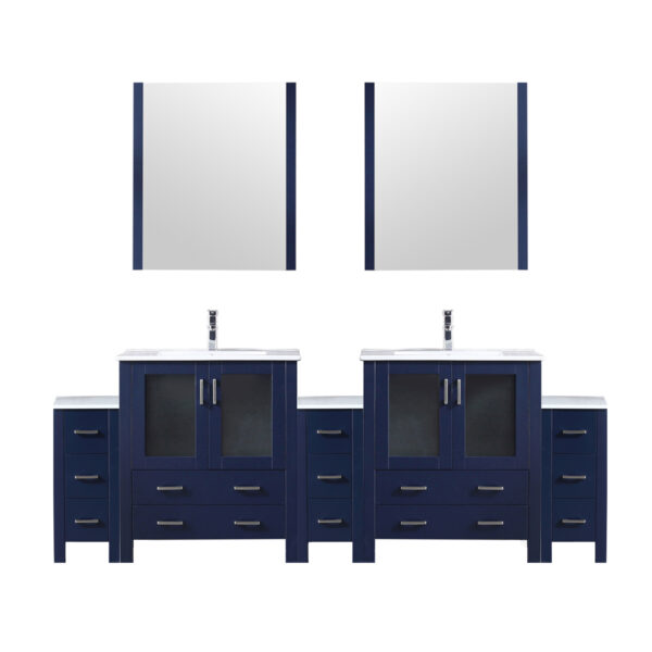 Volez 96W x 18.25D Navy Blue Double Bath Vanity with Side Cabinets, White Ceramic Top, 28Mirrors, and Faucet Set