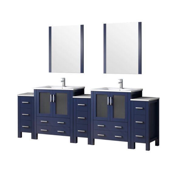 Volez 96W x 18.25D Navy Blue Double Bath Vanity with Side Cabinets, White Ceramic Top, 28Mirrors, and Faucet Set