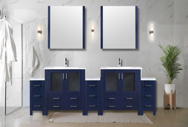 Volez 96W x 18.25D Navy Blue Double Bath Vanity with Side Cabinets, White Ceramic Top, 28Mirrors, and Faucet Set