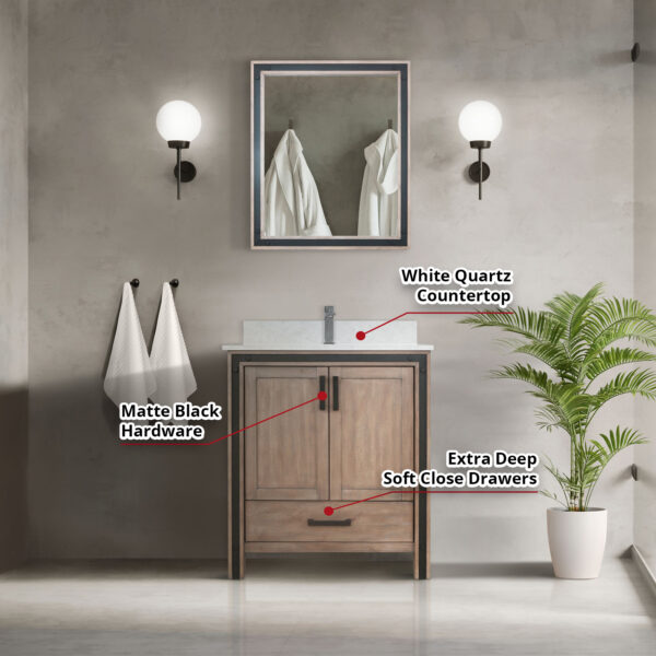 Ziva 30W x 22D Rustic Barnwood Bath Vanity and White Quartz Top