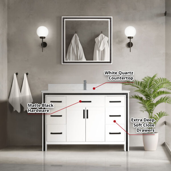 Ziva 48W x 22D White Bath Vanity and White Quartz Top