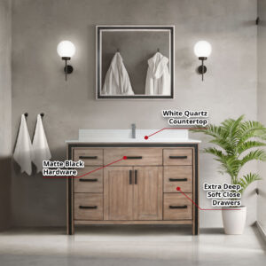 Ziva 48W x 22D Rustic Barnwood Bath Vanity and White Quartz Top