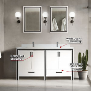 Ziva 60W x 22D White Double Bath Vanity and White Quartz Top