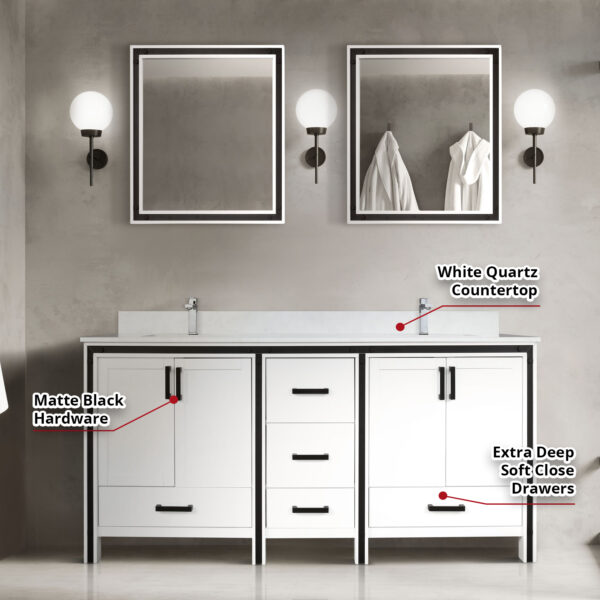 Ziva 72W x 22D White Double Bath Vanity and White Quartz Top