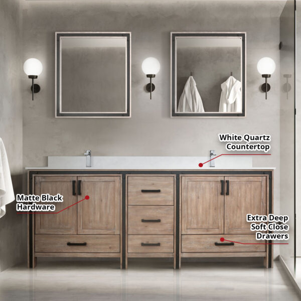 Ziva 80W x 22D Rustic Barnwood Double Bath Vanity and White Quartz Top