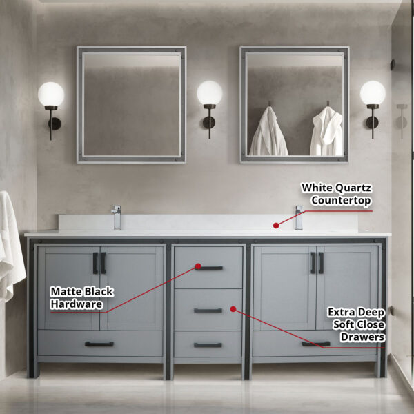 Ziva 84W x 22D Dark Grey Double Bath Vanity and White Quartz Top