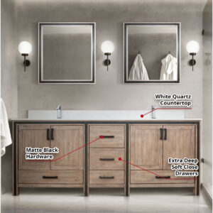 Ziva 84W x 22D Rustic Barnwood Double Bath Vanity and White Quartz Top