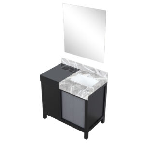 Zilara 36W x 22D Black and Grey Bath Vanity, Castle Grey Marble Top and 30Mirror