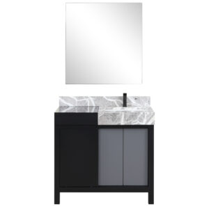 Zilara 36W x 22D Black and Grey Bath Vanity, Castle Grey Marble Top, Gun Metal Faucet Set and 30Mirror