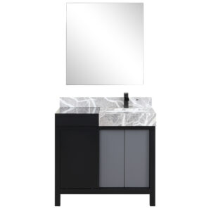 Zilara 36W x 22D Black and Grey Bath Vanity, Castle Grey Marble Top, Matte Black Faucet Set and 30Mirror