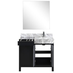 Zilara 36W x 22D Black and Grey Bath Vanity, Castle Grey Marble Top, Chrome Faucet Set and 30Mirror