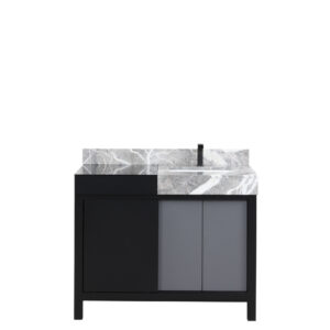 Zilara 42W x 22D Black and Grey Bath Vanity, Castle Grey Marble Top and Gun Metal Faucet Set